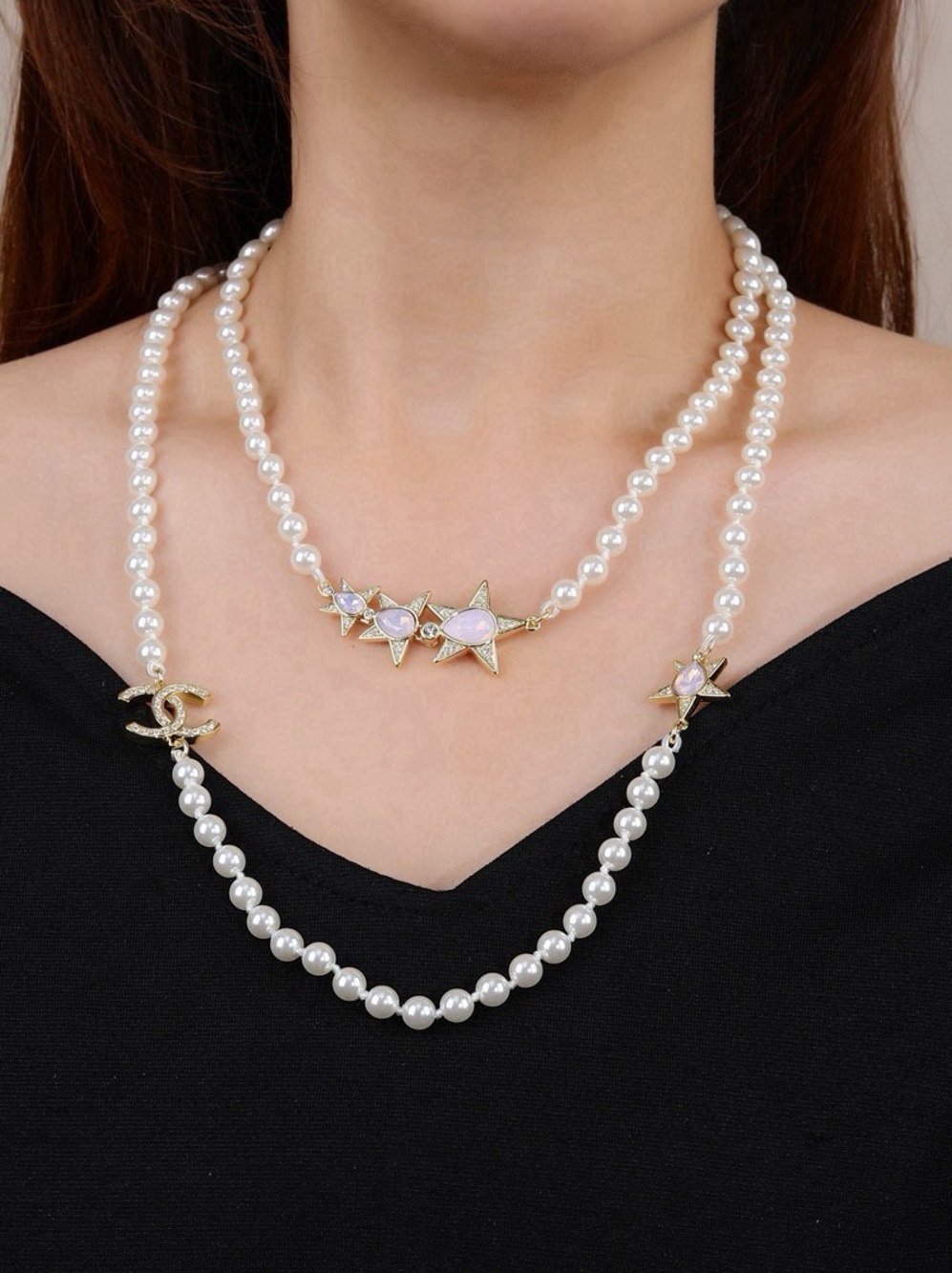 ✨Chanel Double Strand Pearl Necklace with Crystal Star & CC Logo